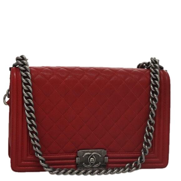 CHANEL Matelasse Chain Shoulder Bag Caviar Skin Red Gold CC - Picture 1 of 16
